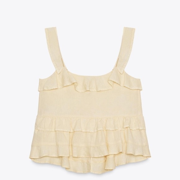 Zara Pale Yellow Ruffled Linen Blend Tie Front Lace Trim Camisole Top - Picture 2 of 10